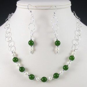 Jade, Pearl, Sterling Silver Necklace/Earring Set